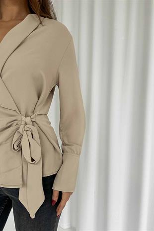 Vatka Detaylı Şık Kadın Bluz - Bej