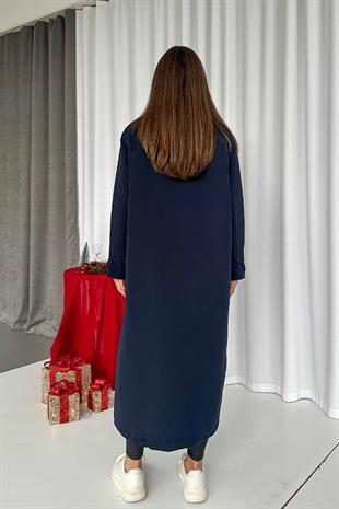 Yaka Deri Detay Premium Uzun Kadın Kapitone Mont - Lacivert