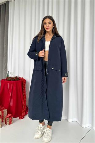 Yaka Deri Detay Premium Uzun Kadın Kapitone Mont - Lacivert