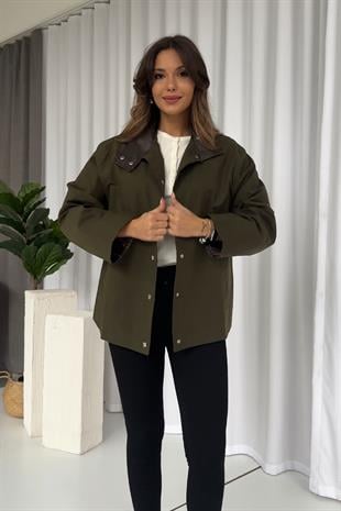 Yaka Deri Detay Yağlı Ceket - Yeşil