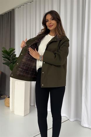 Yaka Deri Detay Yağlı Ceket - Yeşil