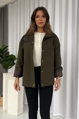 Yaka Deri Detay Yağlı Ceket - Yeşil