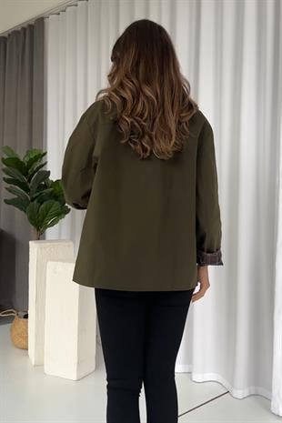 Yaka Deri Detay Yağlı Ceket - Yeşil