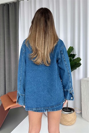 Yaka Detaylı Denim Kadın Oversize Ceket