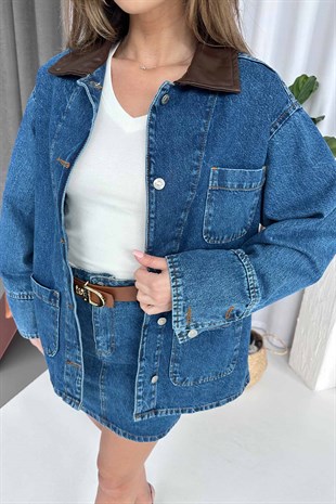 Yaka Detaylı Denim Kadın Oversize Ceket