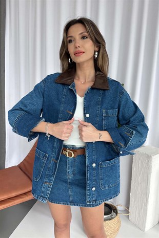 Yaka Detaylı Denim Kadın Oversize Ceket