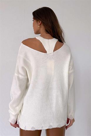 Yaka Detaylı Triko Kazak - Ekru