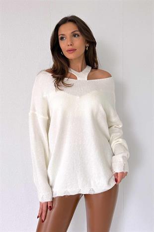 Yaka Detaylı Triko Kazak - Ekru