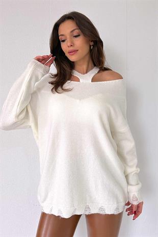 Yaka Detaylı Triko Kazak - Ekru