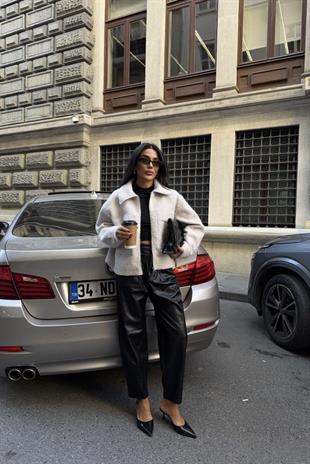 Yama Cepli Bukle Kadın Ceket - Beyaz