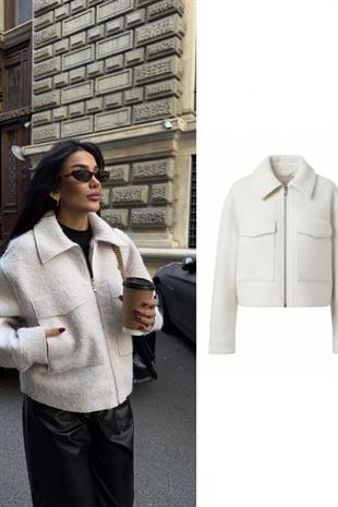 Yama Cepli Bukle Kadın Ceket - Beyaz