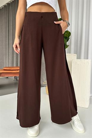 Yan Pileli Modal Palazzo Pantolon - Kahverengi