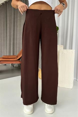 Yan Pileli Modal Palazzo Pantolon - Kahverengi