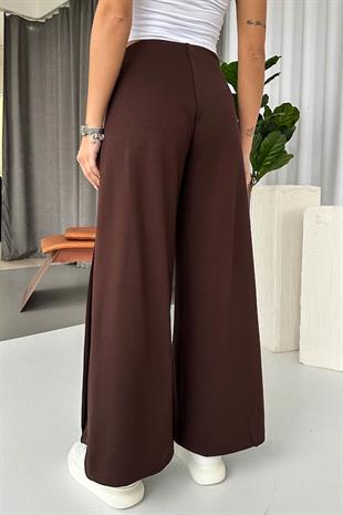 Yan Pileli Modal Palazzo Pantolon - Kahverengi