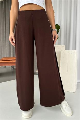 Yan Pileli Modal Palazzo Pantolon - Kahverengi