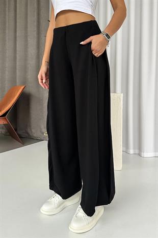 Yan Pileli Modal Palazzo Pantolon - Siyah