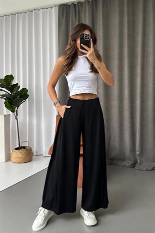 Yan Pileli Modal Palazzo Pantolon - Siyah