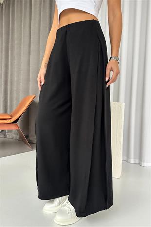 Yan Pileli Modal Palazzo Pantolon - Siyah