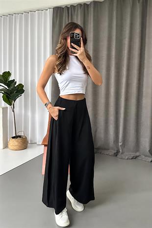 Yan Pileli Modal Palazzo Pantolon - Siyah