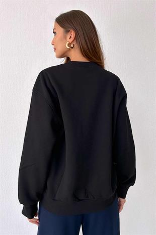 Yazılı Kabartmalı Kadın Sweatshirt - Siyah