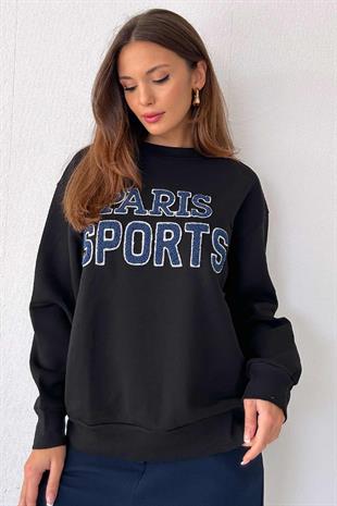 Yazılı Kabartmalı Kadın Sweatshirt - Siyah