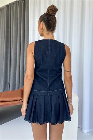 Yelek Detay Pilise Etekli Kot Takım - Lacivert