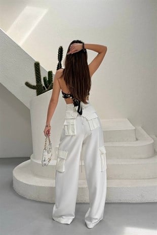 Yeni Model Tasarım Kargo Cep Pantolon - Beyaz
