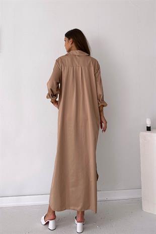 Yırtmaç ve Cep Detaylı Gömlek Elbise - Bej