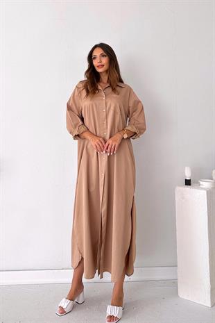 Yırtmaç ve Cep Detaylı Gömlek Elbise - Bej