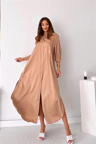 Yırtmaç ve Cep Detaylı Gömlek Elbise - Bej