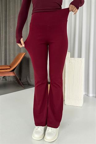 Yüksek Bel Boru Paça Kadın Tayt - Bordo