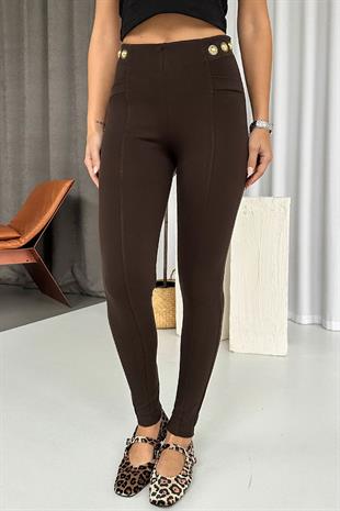 Yüksek Bel Dar Paça Süs Cepli Kadın Tayt - Kahverengi