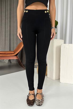 Yüksek Bel Dar Paça Süs Cepli Kadın Tayt - Siyah