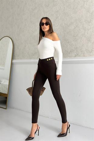 Yüksek Bel Dar Paça Süs Cepli Kadın Tayt - Kahverengi