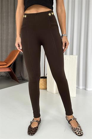 Yüksek Bel Dar Paça Süs Cepli Kadın Tayt - Kahverengi