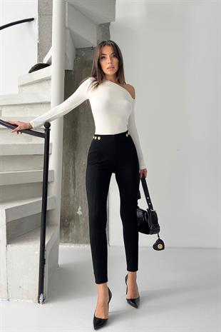 Yüksek Bel Dar Paça Süs Cepli Kadın Tayt - Siyah