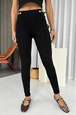 Yüksek Bel Dar Paça Süs Cepli Kadın Tayt - Siyah