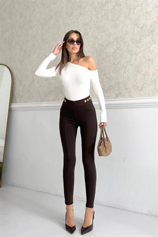 Yüksek Bel Dar Paça Süs Cepli Kadın Tayt - Kahverengi