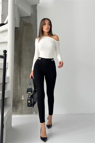 Yüksek Bel Dar Paça Süs Cepli Kadın Tayt - Siyah