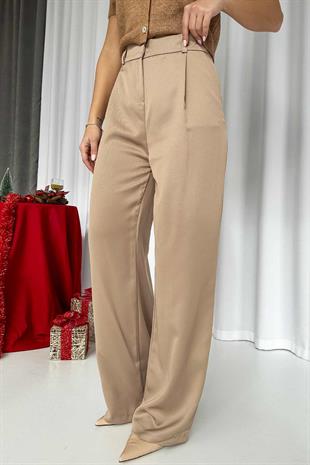 Yüksek Bel Duble Paça Parlak Pantolon - Bej