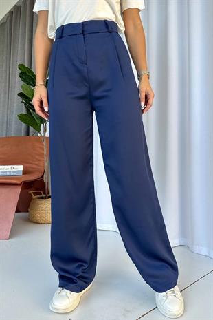 Yüksek Bel Duble Paça Parlak Pantolon - Lacivert