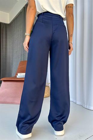 Yüksek Bel Duble Paça Parlak Pantolon - Lacivert