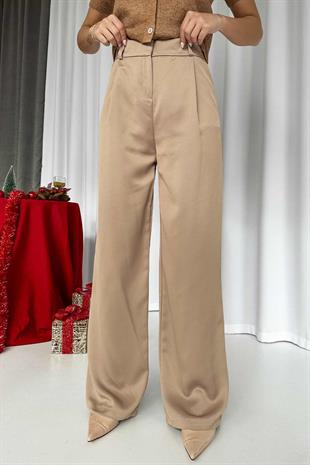 Yüksek Bel Duble Paça Parlak Pantolon - Bej