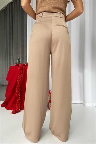 Yüksek Bel Duble Paça Parlak Pantolon - Bej