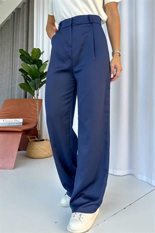 Yüksek Bel Duble Paça Parlak Pantolon - Lacivert