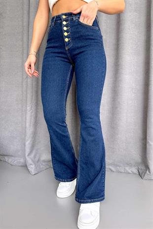 Yüksek Bel Düğme Detaylı Kadın İspanyol Paça Kot Pantolon - Mavi