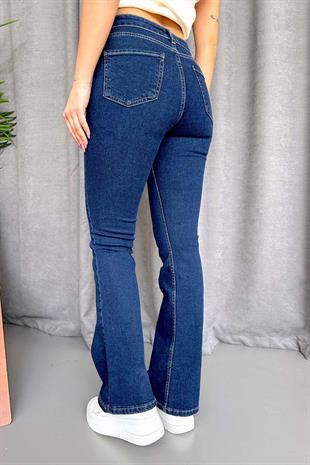 Yüksek Bel Düğme Detaylı Kadın İspanyol Paça Kot Pantolon - Mavi