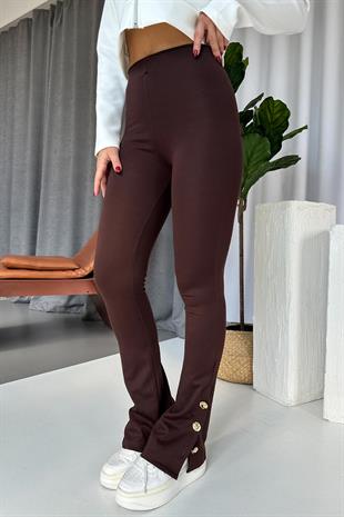 Yüksek Bel Gold Düğme Detay İspanyol Paça Kadın Tayt - Kahverengi