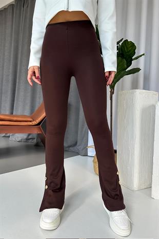 Yüksek Bel Gold Düğme Detay İspanyol Paça Kadın Tayt - Kahverengi