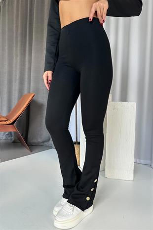 Yüksek Bel Gold Düğme Detay İspanyol Paça Kadın Tayt - Siyah